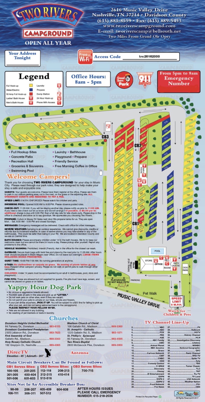 Two Rivers Campground site map showing all RV sites, dog park, pool, and Music Valley Drive layout